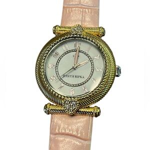 Judith Ripka Stainless Steel Gold Tone Watch Pink Leather Band New Battery New!